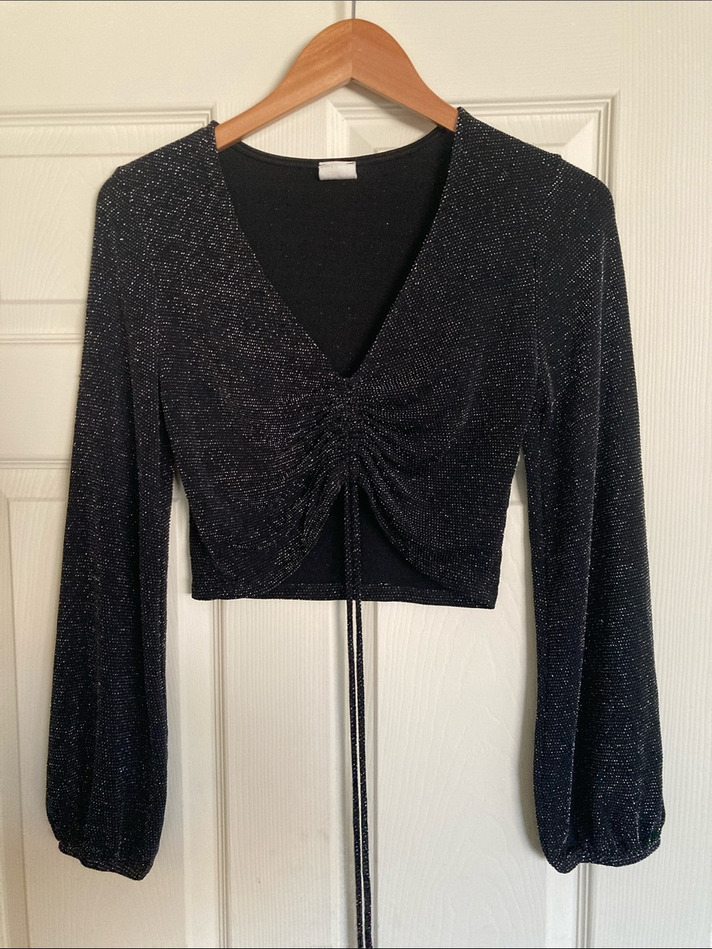 By Together Black Glitter Ruched Long Sleeve Top Medium